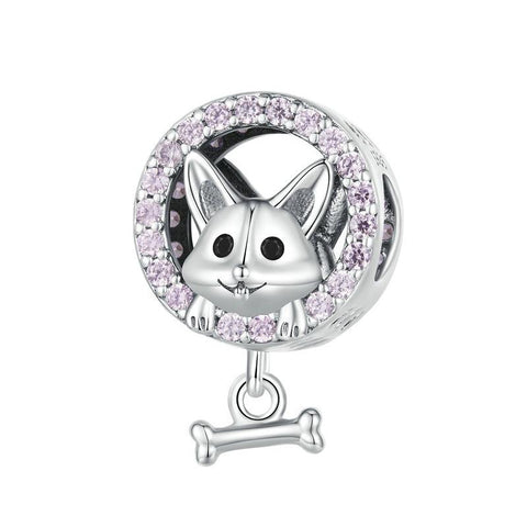 Corgi Puppy Sterling Silver Zircon CZ Bead Charm Bracelet Necklace Pendant