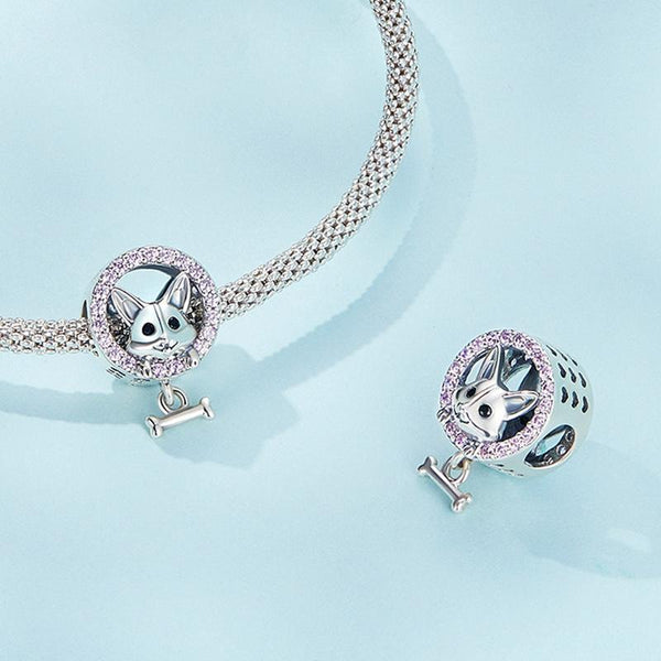 Corgi Puppy Sterling Silver Zircon CZ Bead Charm Bracelet Necklace Pendant