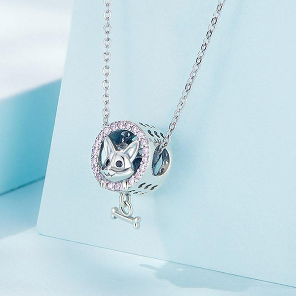 Corgi Puppy Sterling Silver Zircon CZ Bead Charm Bracelet Necklace Pendant
