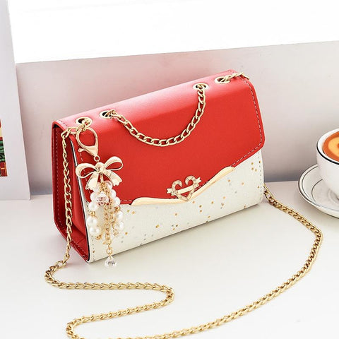 Faux PU Leather Shoulder Bag Handbag Gold Chain Hardware Red