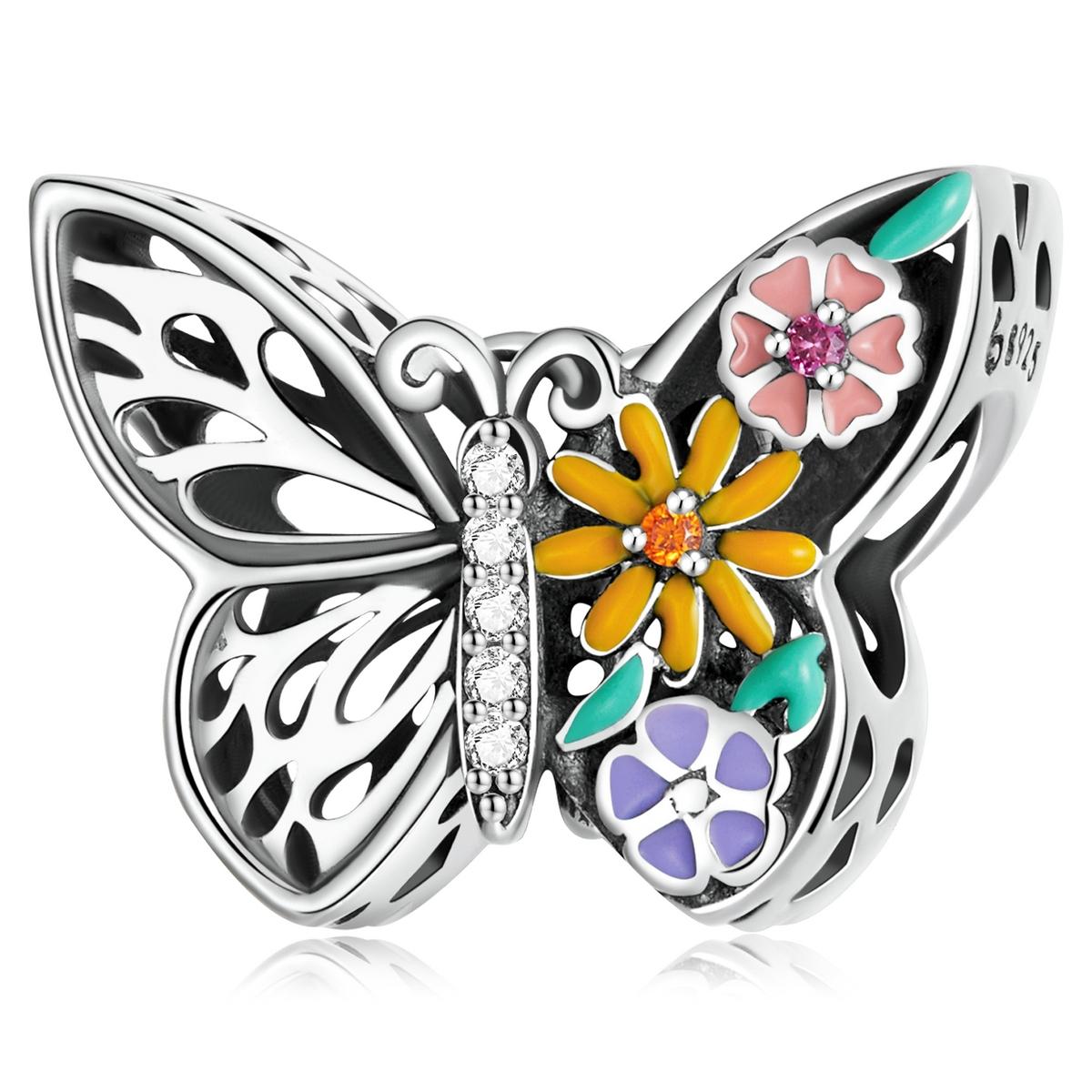 Butterfly Flowers Enamel Sterling Silver CZ Hollow Bead Charm Bracelet Necklace