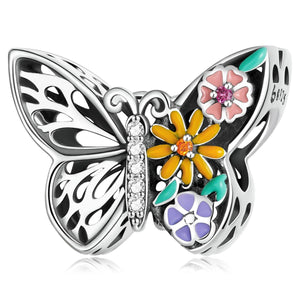 Butterfly Flowers Enamel Sterling Silver CZ Hollow Bead Charm Bracelet Necklace
