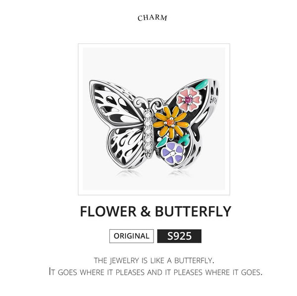 Butterfly Flowers Enamel Sterling Silver CZ Hollow Bead Charm Bracelet Necklace