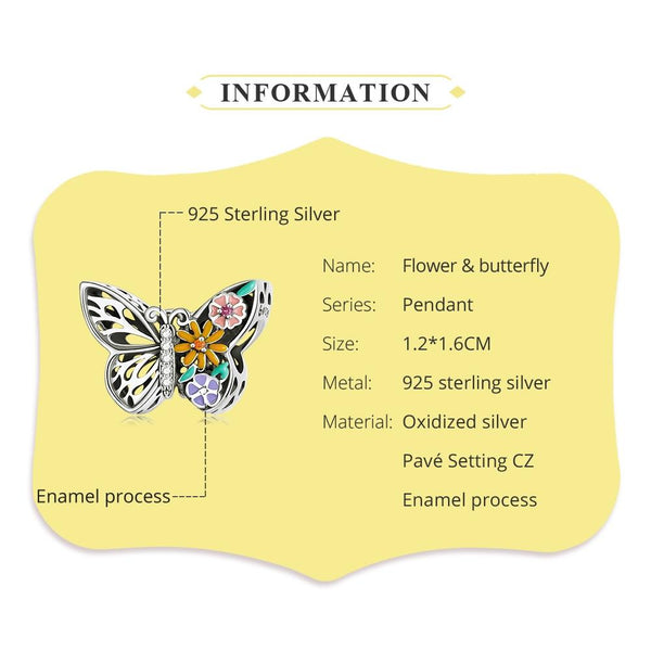 Butterfly Flowers Enamel Sterling Silver CZ Hollow Bead Charm Bracelet Necklace