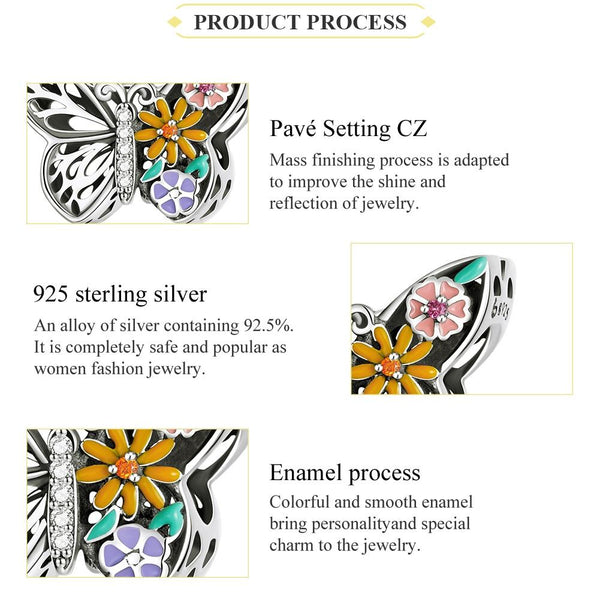 Butterfly Flowers Enamel Sterling Silver CZ Hollow Bead Charm Bracelet Necklace