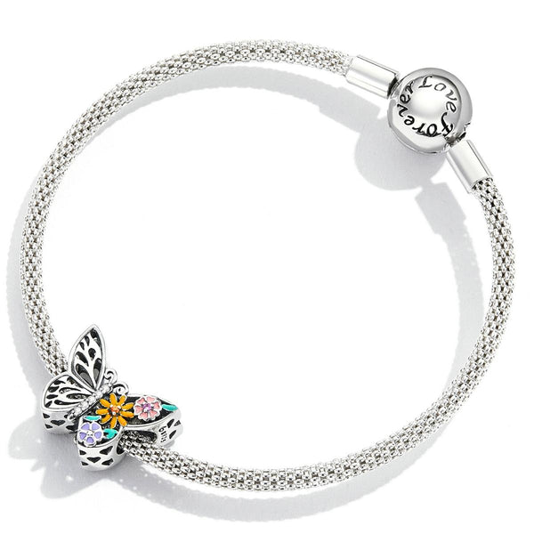 Butterfly Flowers Enamel Sterling Silver CZ Hollow Bead Charm Bracelet Necklace
