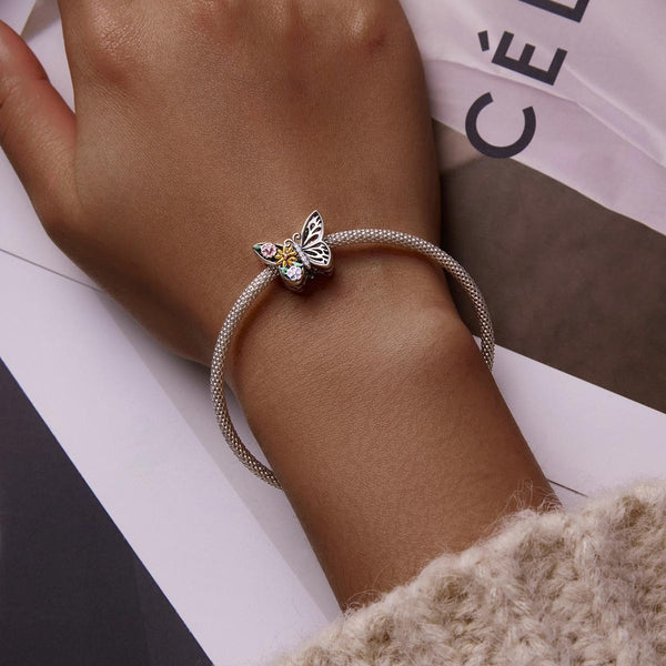 Butterfly Flowers Enamel Sterling Silver CZ Hollow Bead Charm Bracelet Necklace