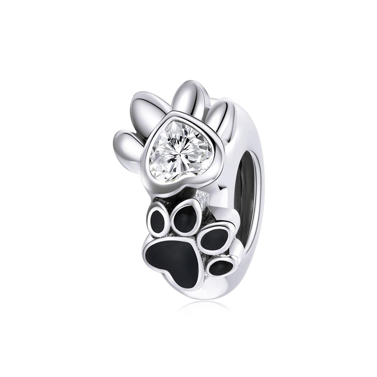 Pet Dog Cat Paw Print Heart Sterling Silver Zircon CZ Spacer Bead Bracelet Necklace