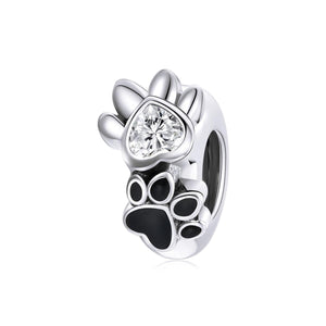 Pet Dog Cat Paw Print Heart Sterling Silver Zircon CZ Spacer Bead Bracelet Necklace