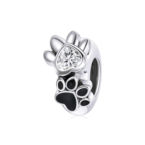 Pet Dog Cat Paw Print Heart Sterling Silver Zircon CZ Spacer Bead Bracelet Necklace
