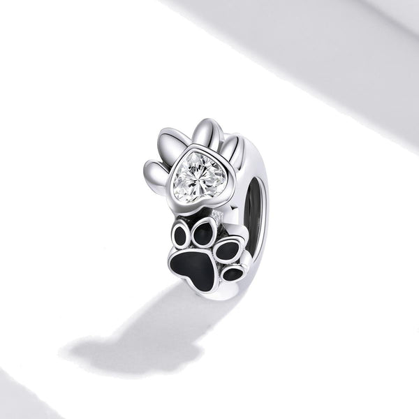 Pet Dog Cat Paw Print Heart Sterling Silver Zircon CZ Spacer Bead Bracelet Necklace