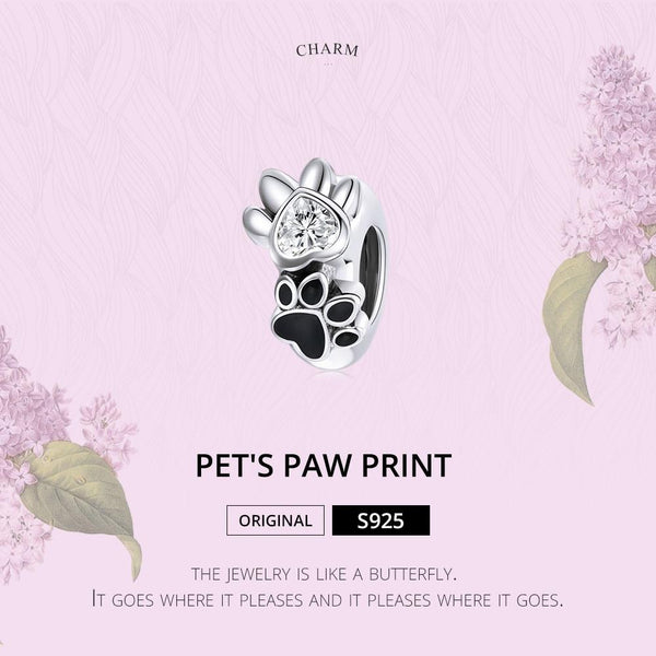 Pet Dog Cat Paw Print Heart Sterling Silver Zircon CZ Spacer Bead Bracelet Necklace