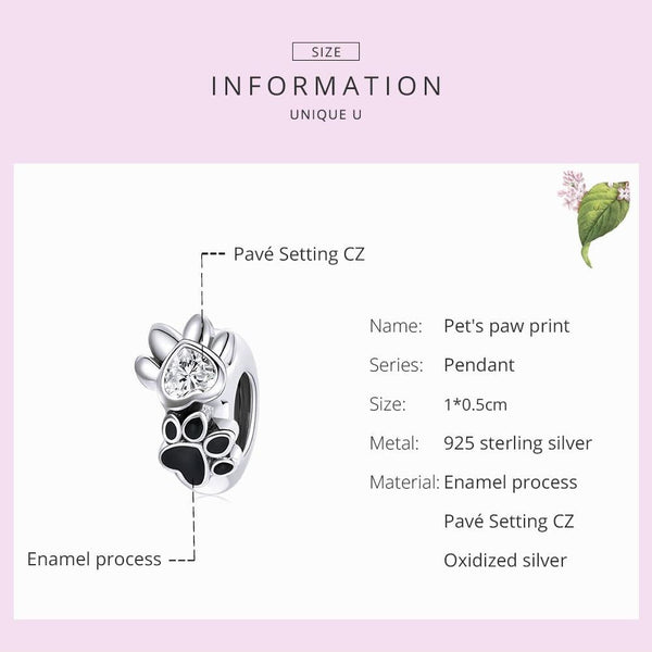 Pet Dog Cat Paw Print Heart Sterling Silver Zircon CZ Spacer Bead Bracelet Necklace