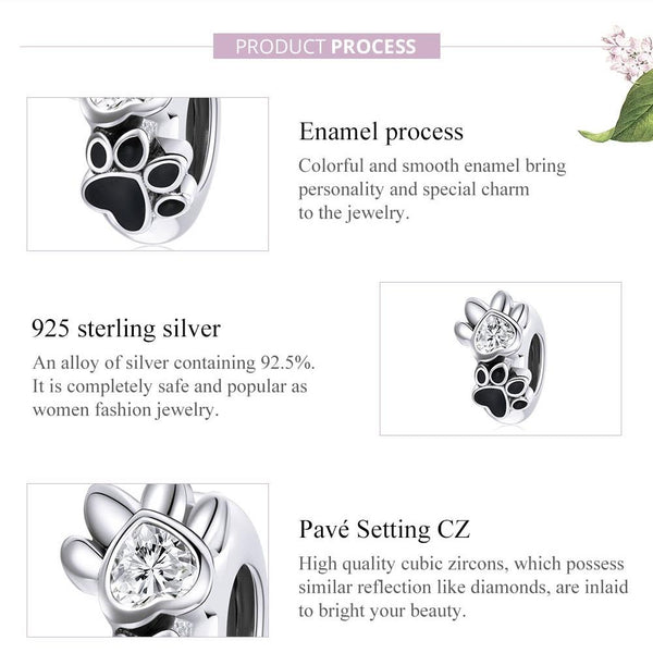 Pet Dog Cat Paw Print Heart Sterling Silver Zircon CZ Spacer Bead Bracelet Necklace