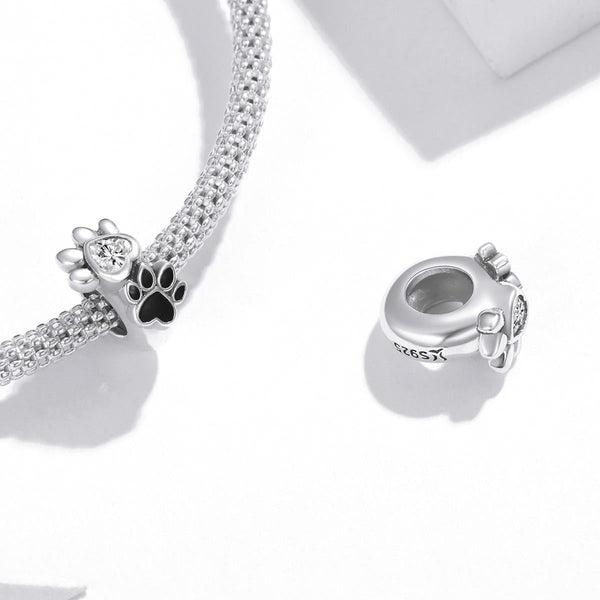 Pet Dog Cat Paw Print Heart Sterling Silver Zircon CZ Spacer Bead Bracelet Necklace