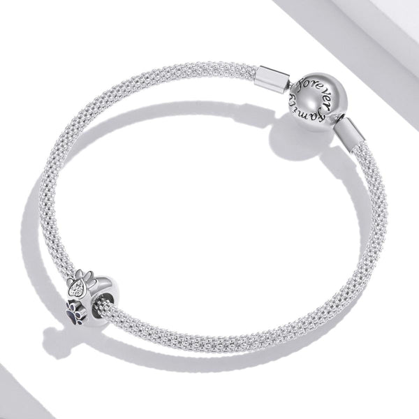 Pet Dog Cat Paw Print Heart Sterling Silver Zircon CZ Spacer Bead Bracelet Necklace