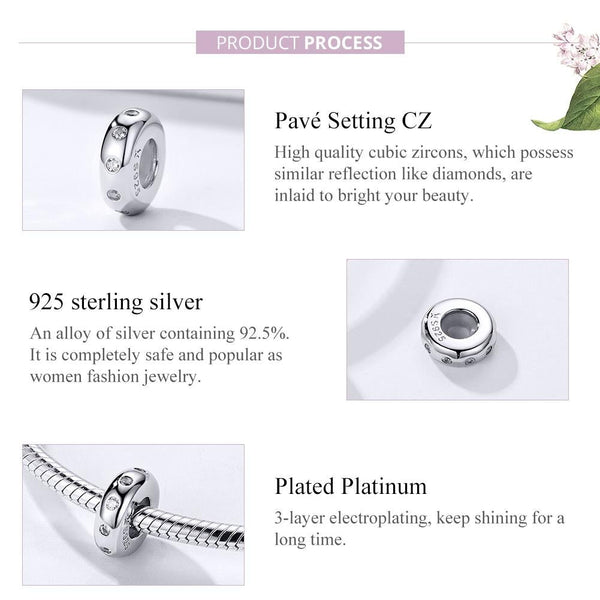 Platinum Plated Sterling Silver Zircon CZ Spacer Bead Charm Bracelet Necklace