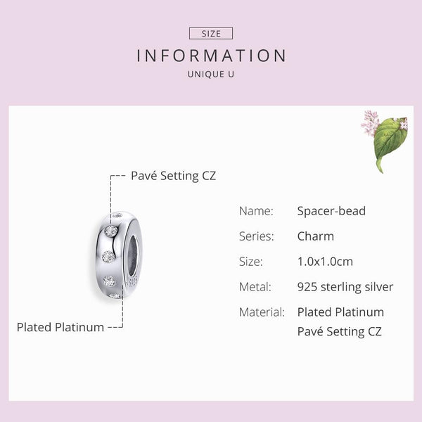 Platinum Plated Sterling Silver Zircon CZ Spacer Bead Charm Bracelet Necklace