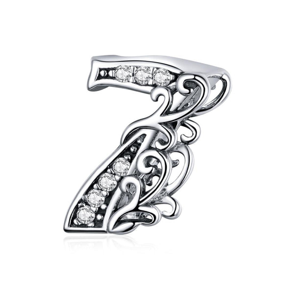 7 Number Numeral Sterling Silver Crystal Zircon CZ Bead Charm Bracelet Necklace