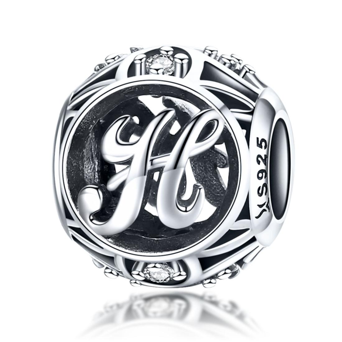 H Initial Letter Sterling Silver Zircon CZ Bead Charm Bracelet Necklace