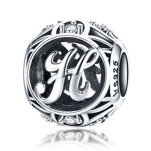 H Initial Letter Sterling Silver Zircon CZ Bead Charm Bracelet Necklace