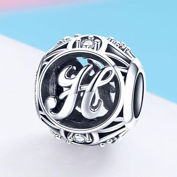 H Initial Letter Sterling Silver Zircon CZ Bead Charm Bracelet Necklace
