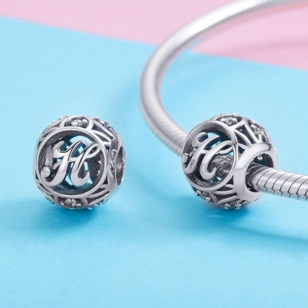 H Initial Letter Sterling Silver Zircon CZ Bead Charm Bracelet Necklace