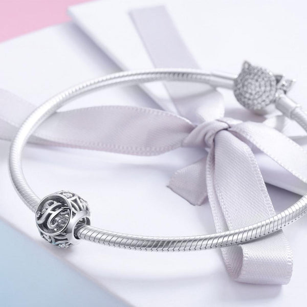 H Initial Letter Sterling Silver Zircon CZ Bead Charm Bracelet Necklace
