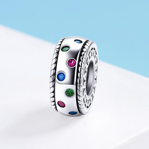 Pave Rainbow Sterling Silver Zircon CZ Spacer Bead Charm Bracelet Necklace