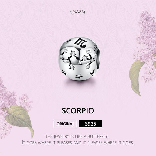 Scorpio Zodiac Constellation Sterling Silver Zircon CZ Bead Charm Bracelet Necklace