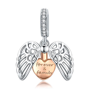 Forever & Family Heart Angel Wings Sterling Silver Bead Charm Bracelet Necklace