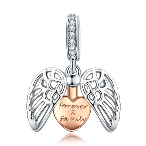 Forever & Family Heart Angel Wings Sterling Silver Bead Charm Bracelet Necklace