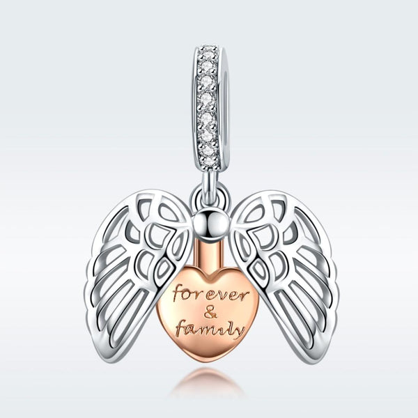 Forever & Family Heart Angel Wings Sterling Silver Bead Charm Bracelet Necklace