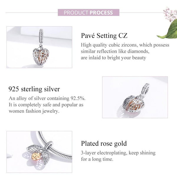 Forever & Family Heart Angel Wings Sterling Silver Bead Charm Bracelet Necklace