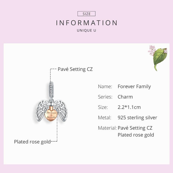 Forever & Family Heart Angel Wings Sterling Silver Bead Charm Bracelet Necklace