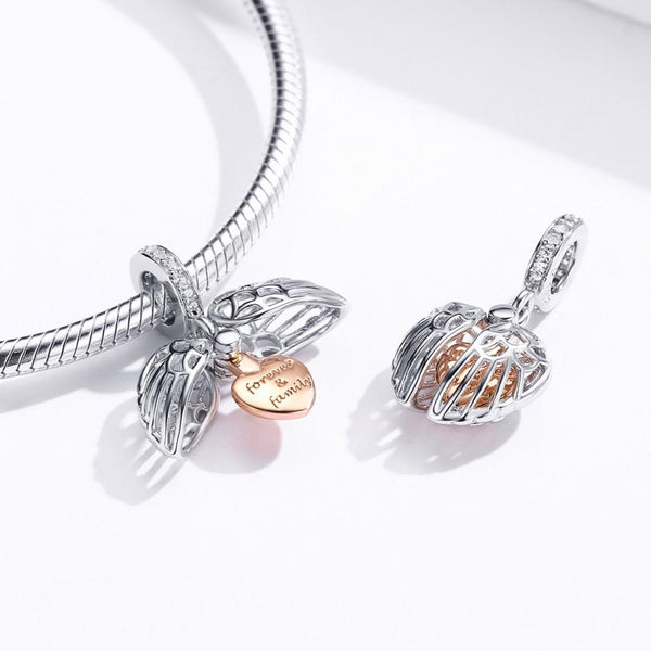 Forever & Family Heart Angel Wings Sterling Silver Bead Charm Bracelet Necklace