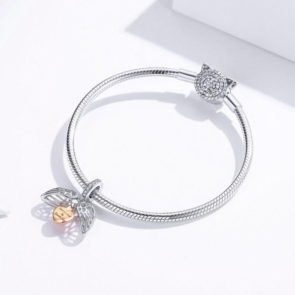 Forever & Family Heart Angel Wings Sterling Silver Bead Charm Bracelet Necklace