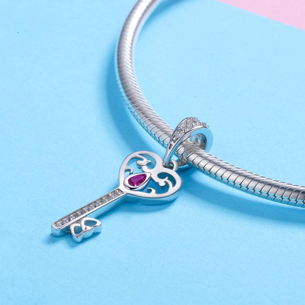Key To My Heart Sterling Silver Zircon CZ Bead Charm Bracelet Necklace Pendant