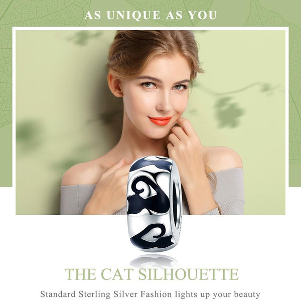 Black Cat Enamel Sterling Silver Spacer Bead Charm Bracelet Necklace