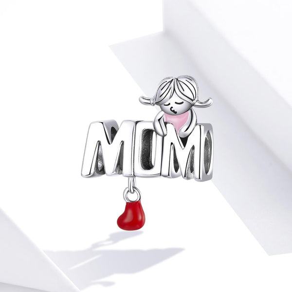 Mom Love Enamel Sterling Silver Bead Charm Pendant Bracelet Necklace