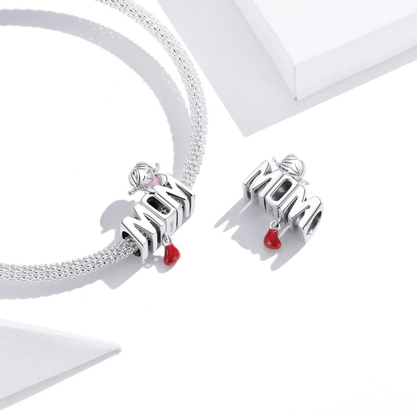 Mom Love Enamel Sterling Silver Bead Charm Pendant Bracelet Necklace