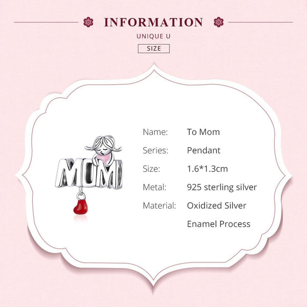 Mom Love Enamel Sterling Silver Bead Charm Pendant Bracelet Necklace