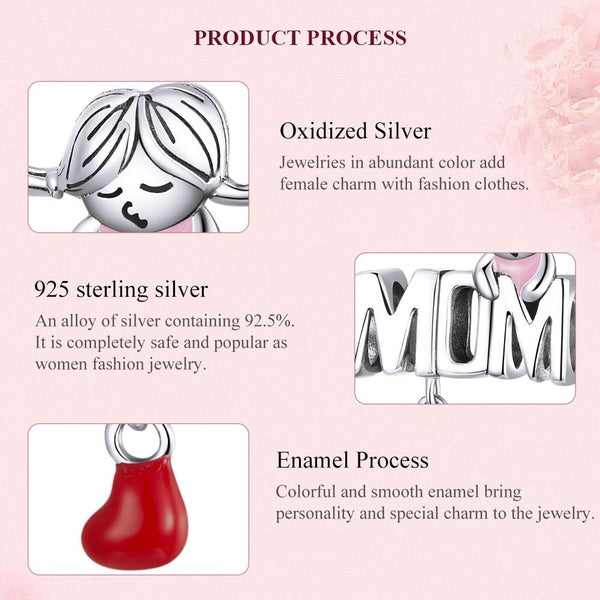 Mom Love Enamel Sterling Silver Bead Charm Pendant Bracelet Necklace