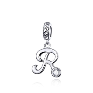 R Letter Initial Platinum Plated Sterling Silver Crystal Zircon Charm Bracelet Necklace