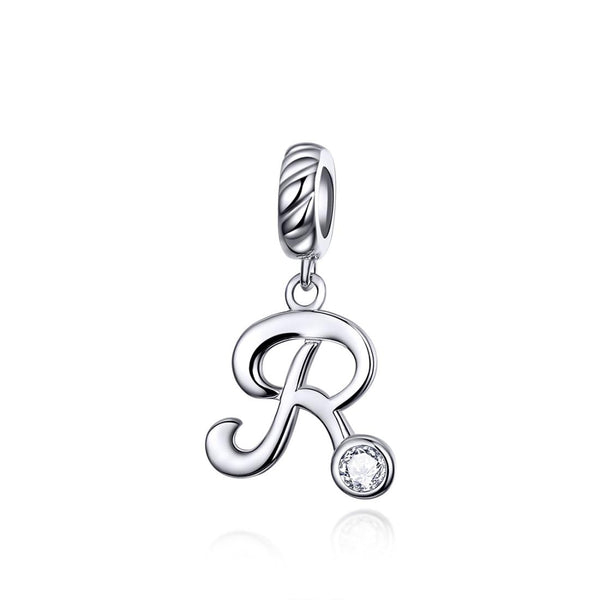 R Letter Initial Platinum Plated Sterling Silver Crystal Zircon Charm Bracelet Necklace