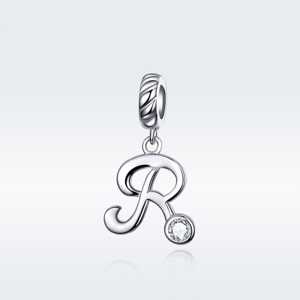 R Letter Initial Platinum Plated Sterling Silver Crystal Zircon Charm Bracelet Necklace