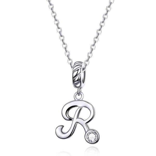 R Letter Initial Platinum Plated Sterling Silver Crystal Zircon Charm Bracelet Necklace