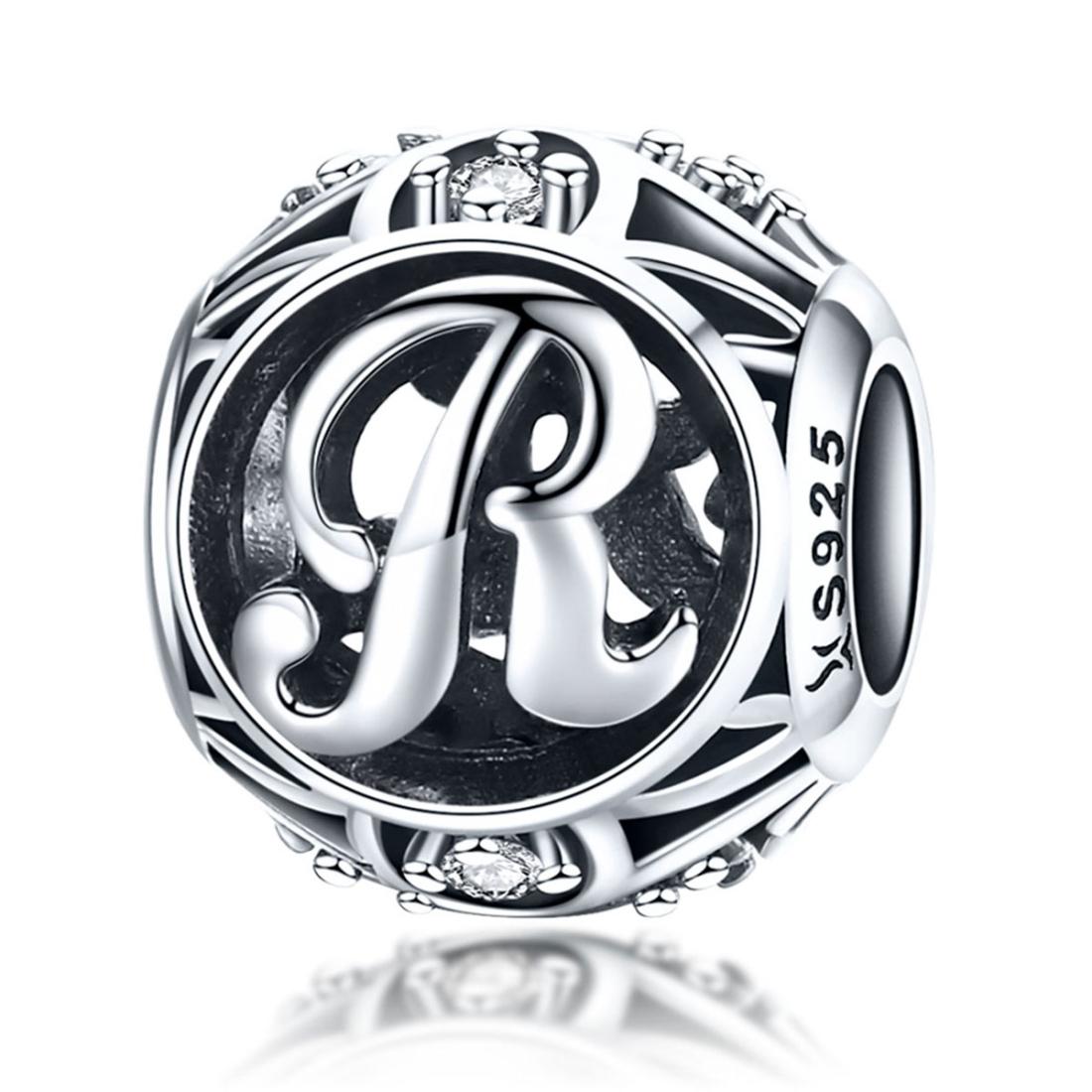 R Initial Letter Sterling Silver Zircon CZ Bead Charm Bracelet Necklace