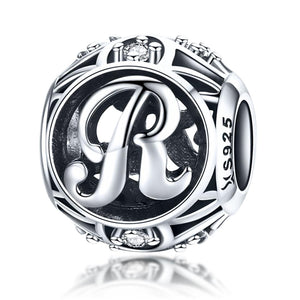 R Initial Letter Sterling Silver Zircon CZ Bead Charm Bracelet Necklace