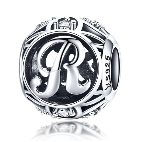 R Initial Letter Sterling Silver Zircon CZ Bead Charm Bracelet Necklace